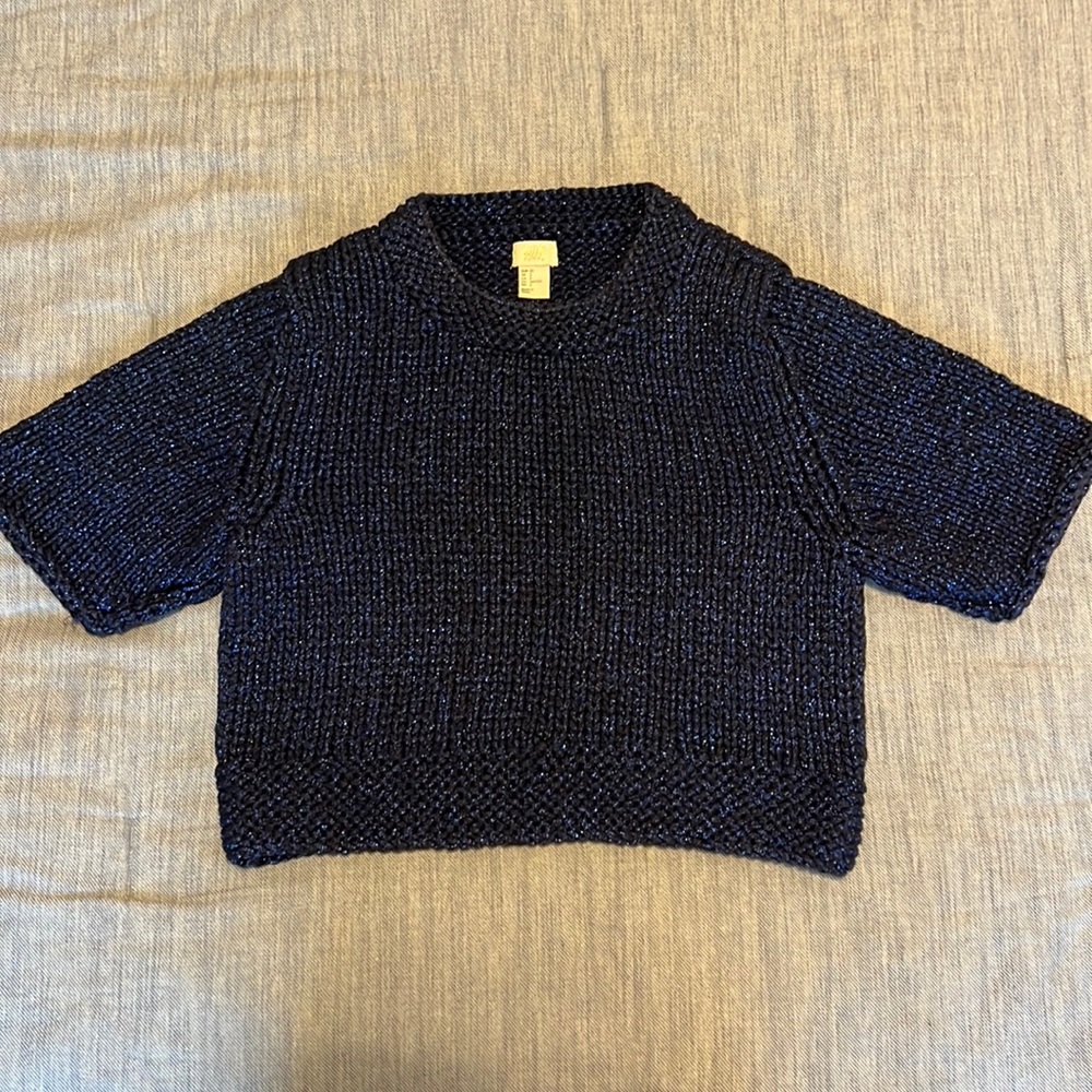 Hand knit metallic blue cropped sweater